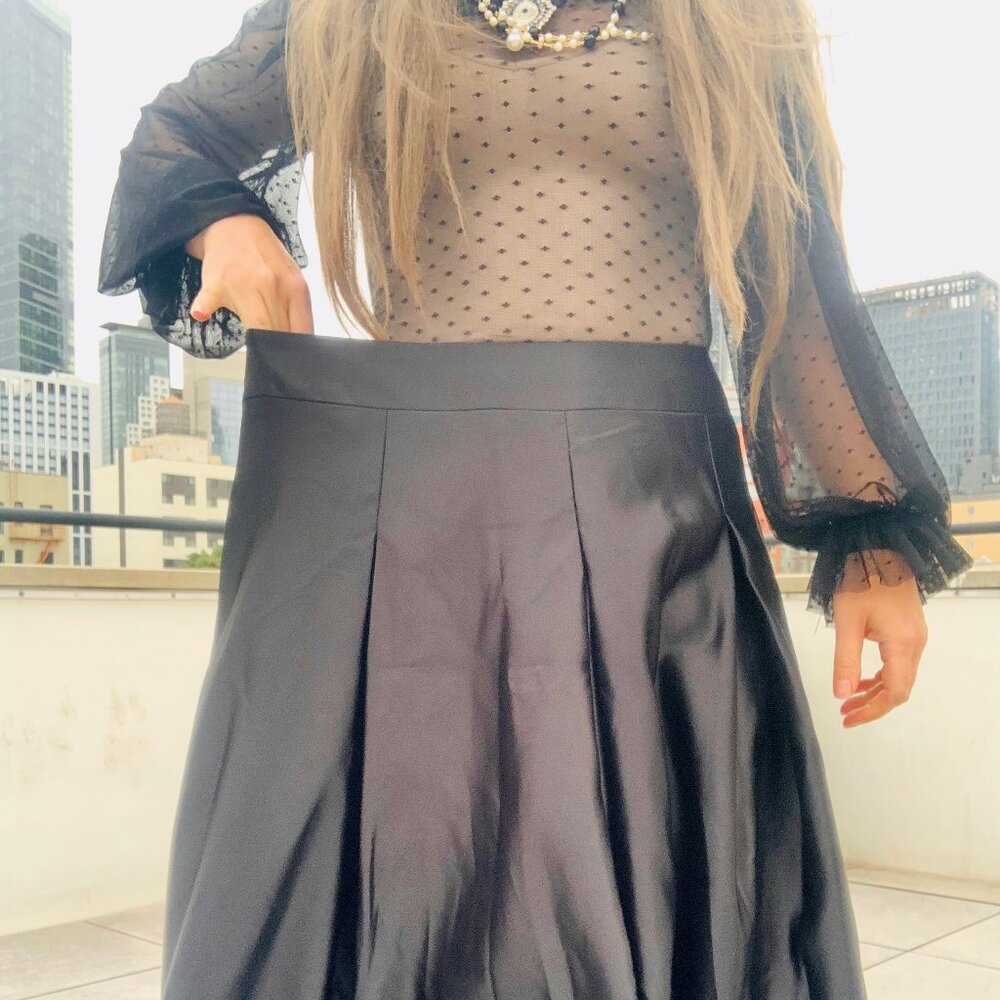 Anthro Full Satin Skater Drama Black Tie Dress Up Maxi Flare Skirt Pockets NWOT - Picture 10 of 16